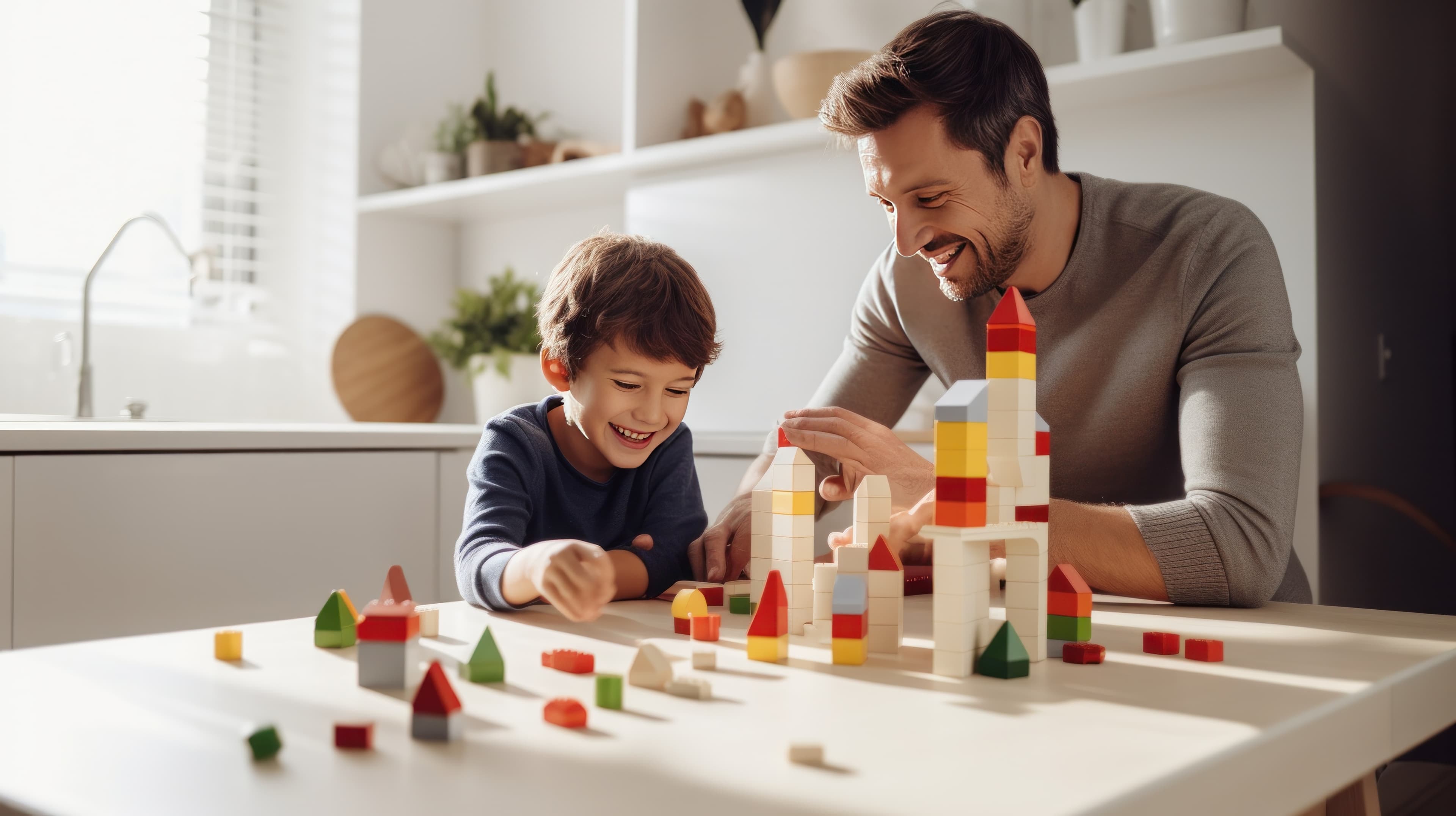 Ein Vater mit seinem Sohn und Bauklötzen.