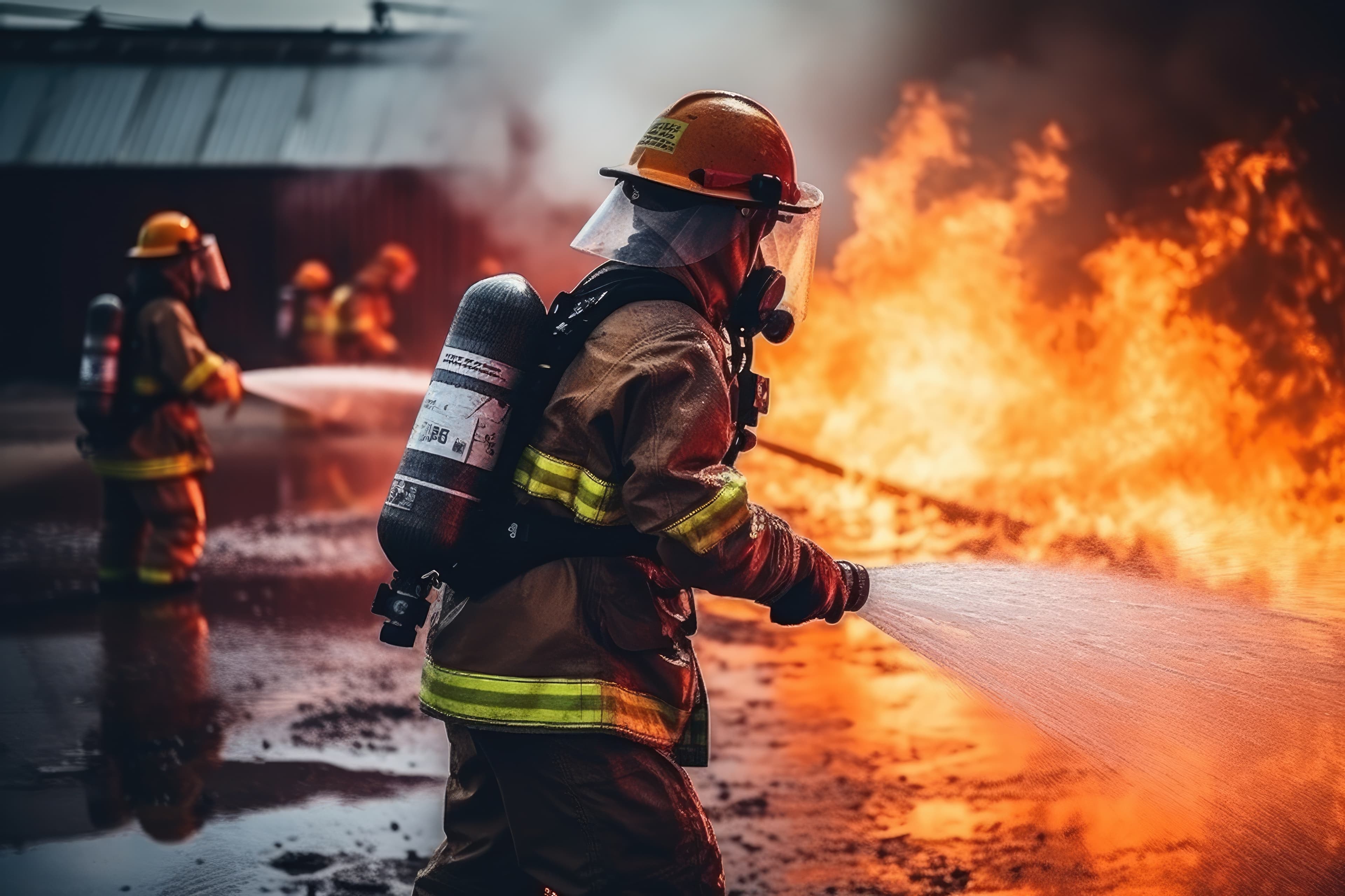 Feuerwehrmann in Schutzkleidung mit Wasserstrahl. Im Hintergrund Feuer.