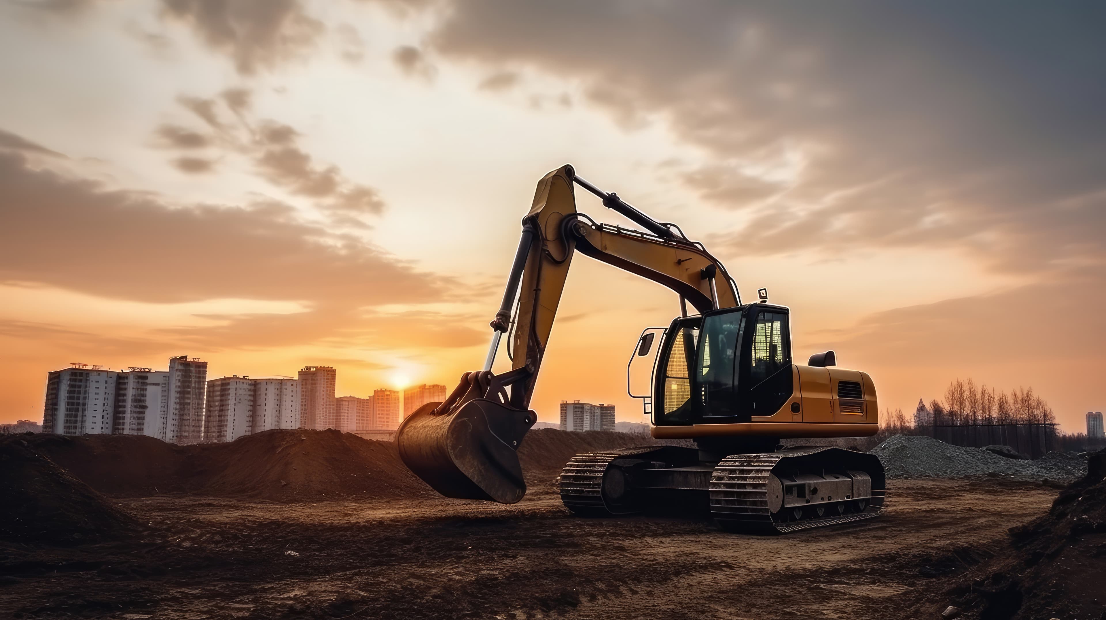Bagger steht auf Baugrund. Im Hintergrund Sonnenuntergang und Hochhäuser.