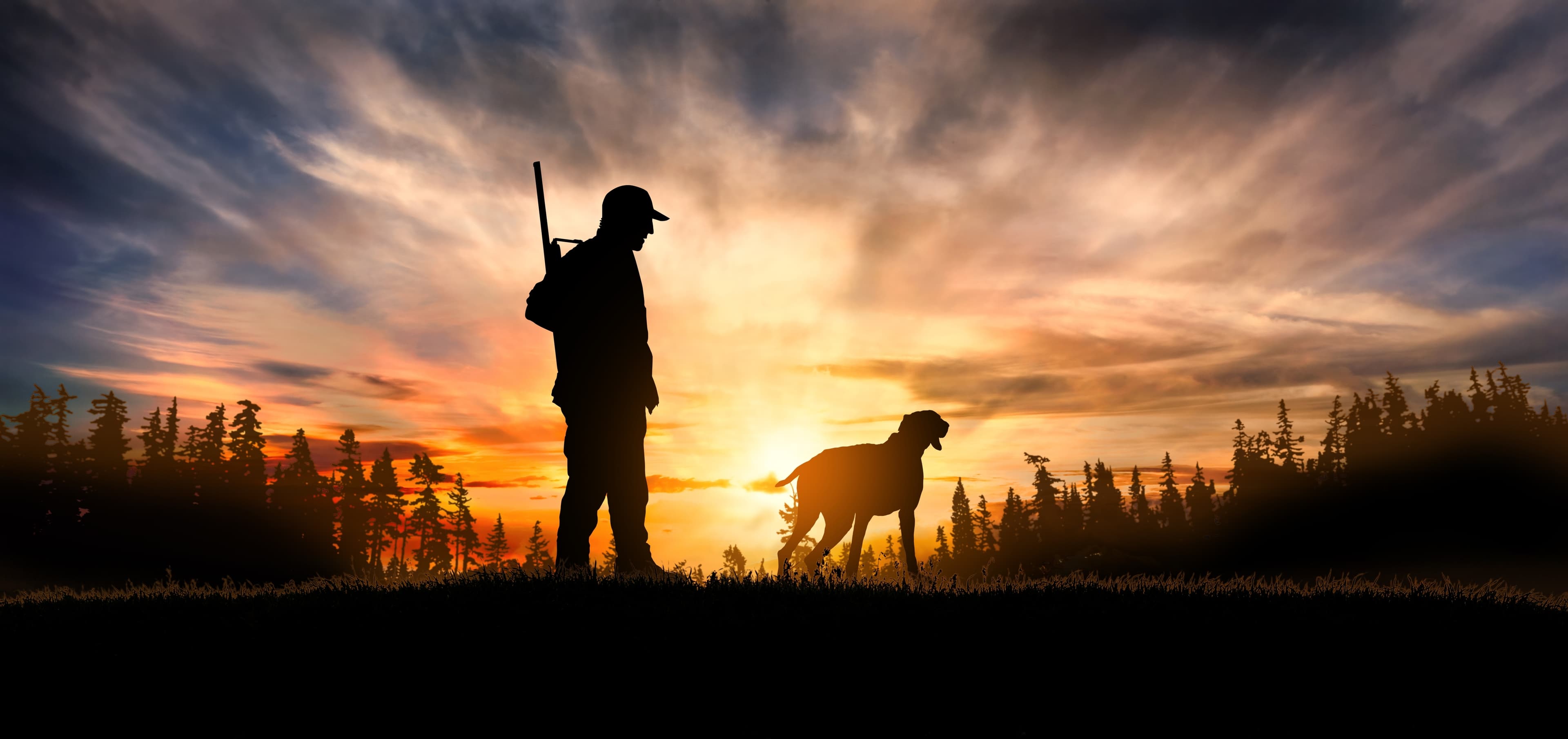 Silhouette eines Mannes mit Gewehr und Hund vor einem Wald bei Sonnenuntergang.