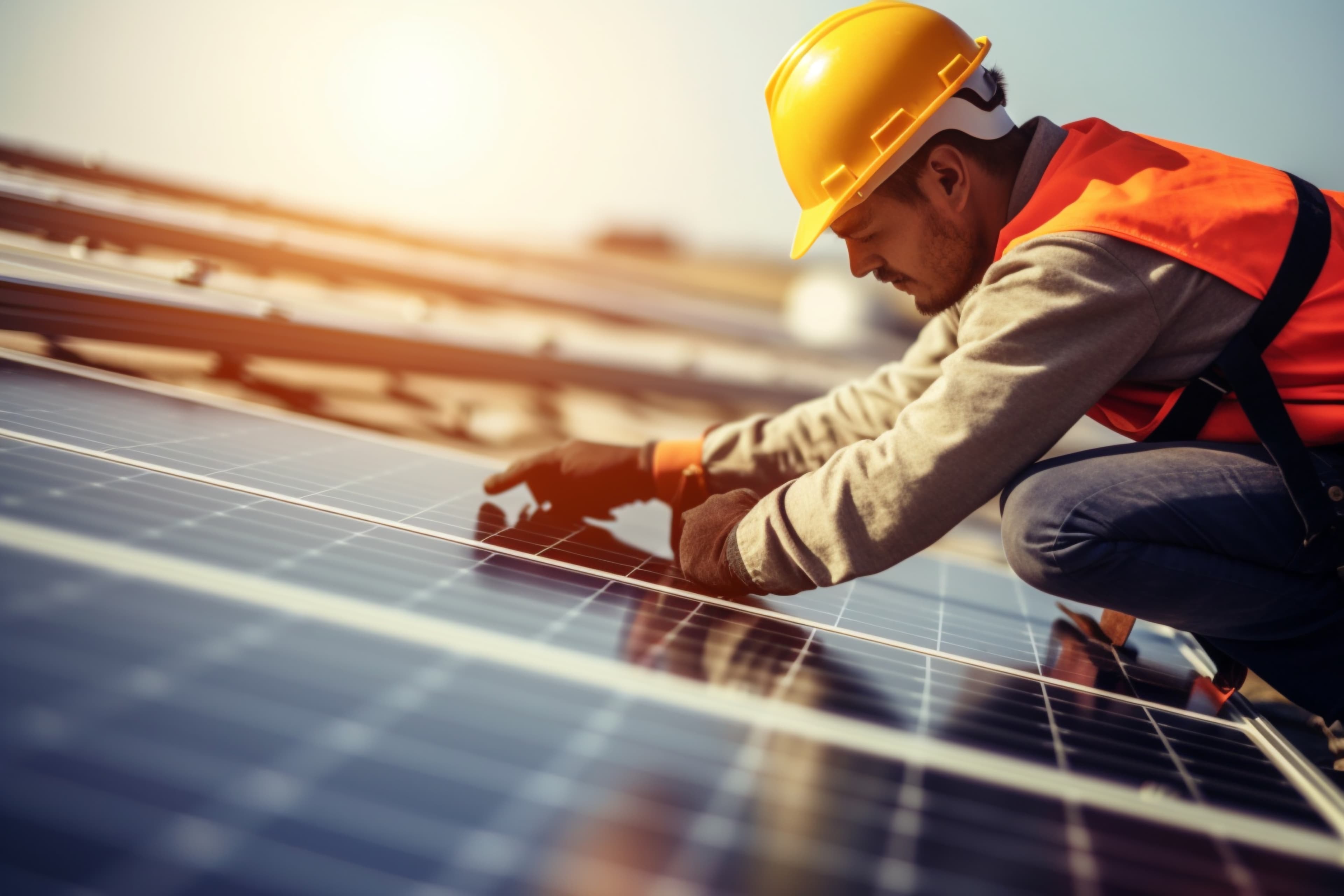 Mann mit Sicherheitsweste und Bauhelm am Montieren von Solarpanelen.