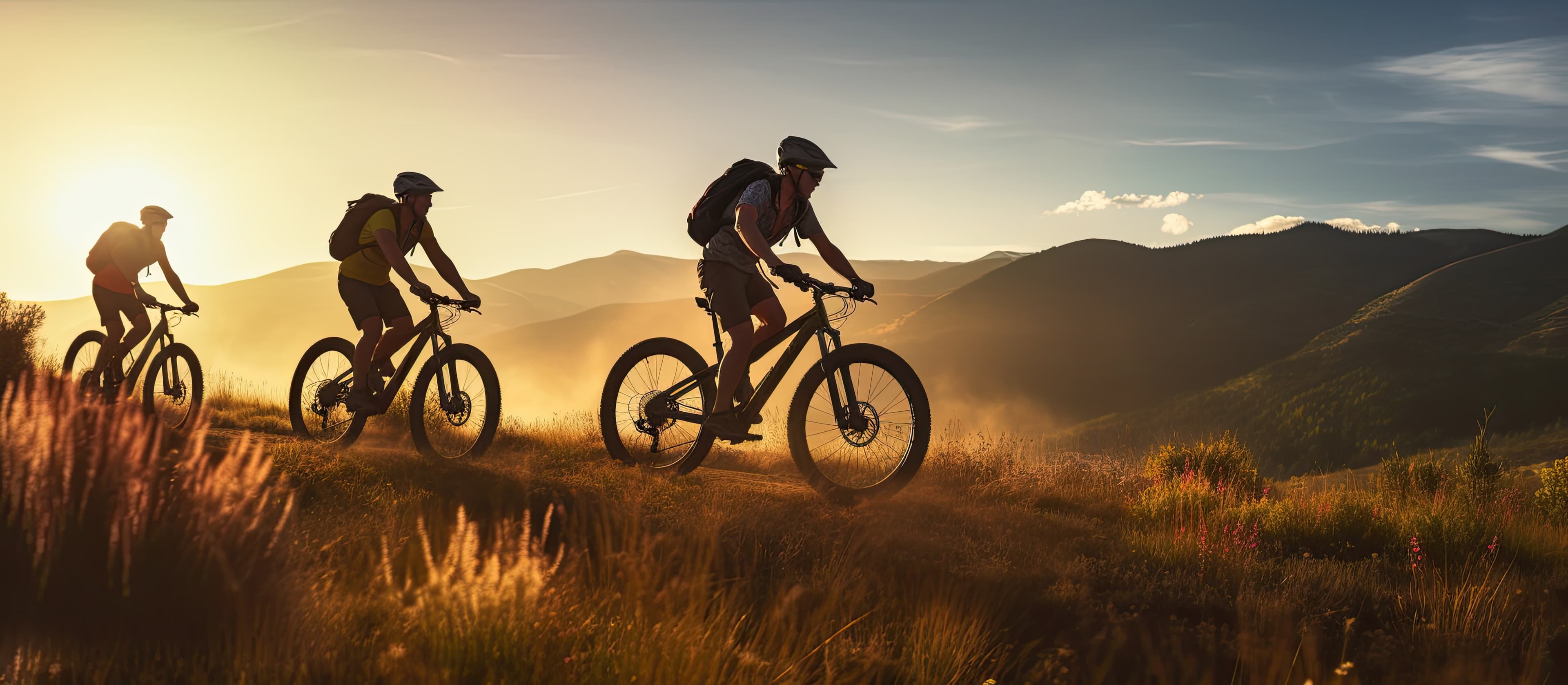 3 Fahrradfahrer bei Sonnenuntergang in der Natur.