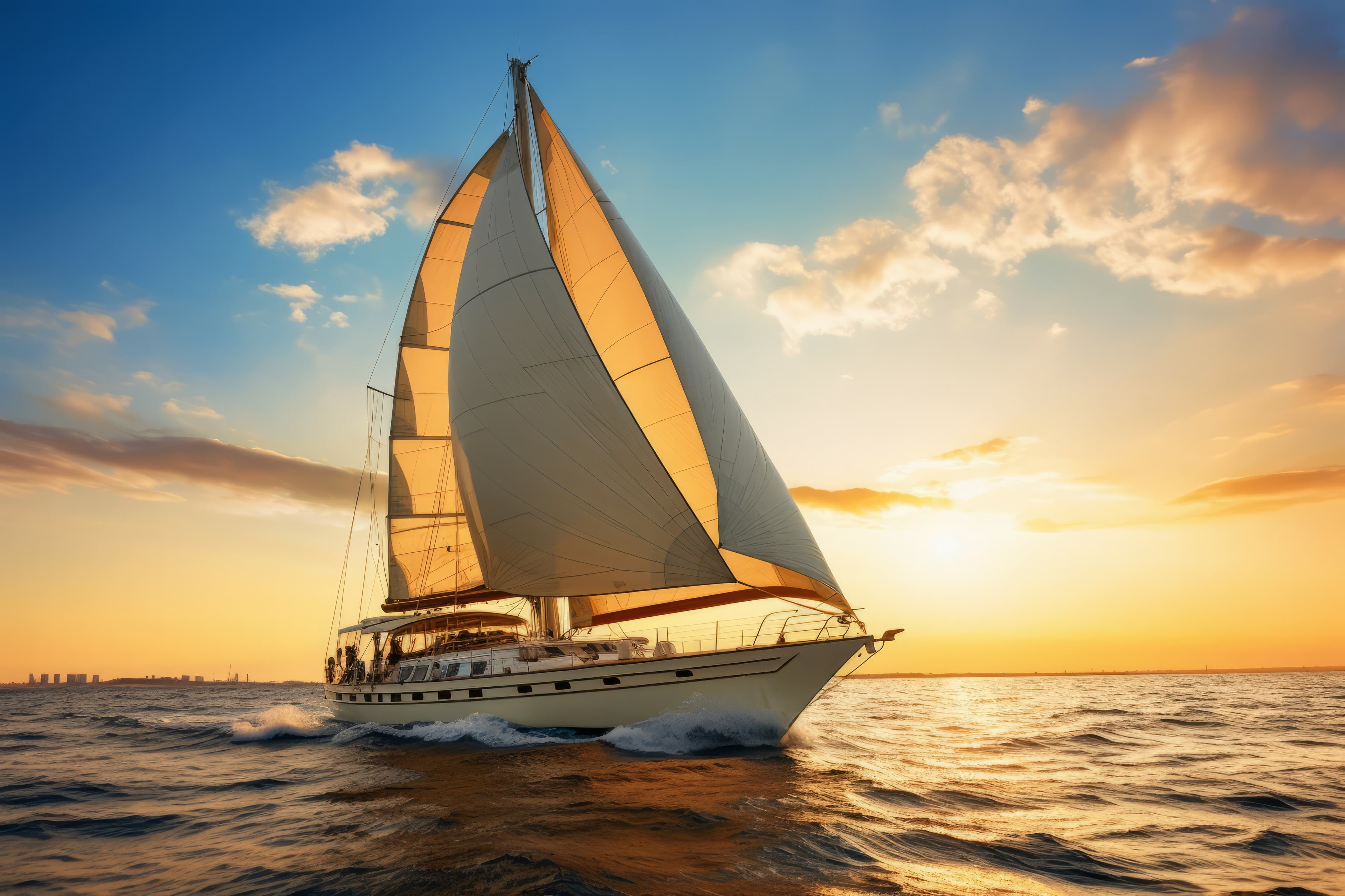 Segelschiff auf Meer. Sonnenuntergang im Hintergrund.