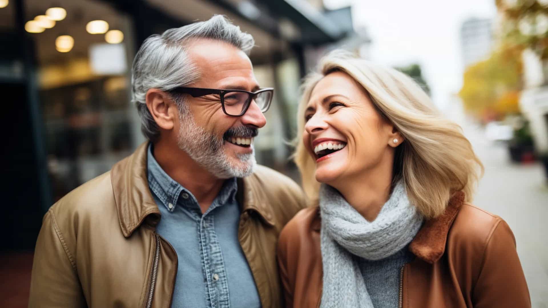 Ein lachendes Ehepaar in der Innenstadt.