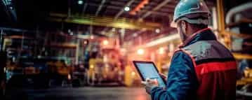 Mann mit Tablet und Sicherheitsausrüstung in Produktionshalle.