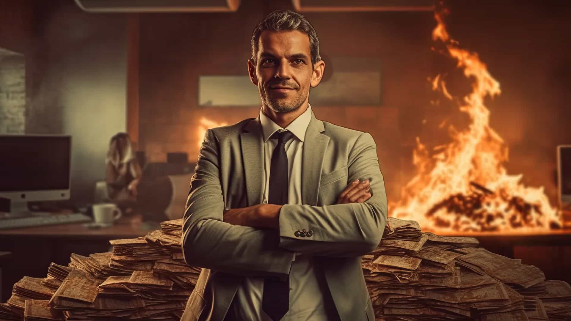 Mann in Anzug vor Feuer in Büro.