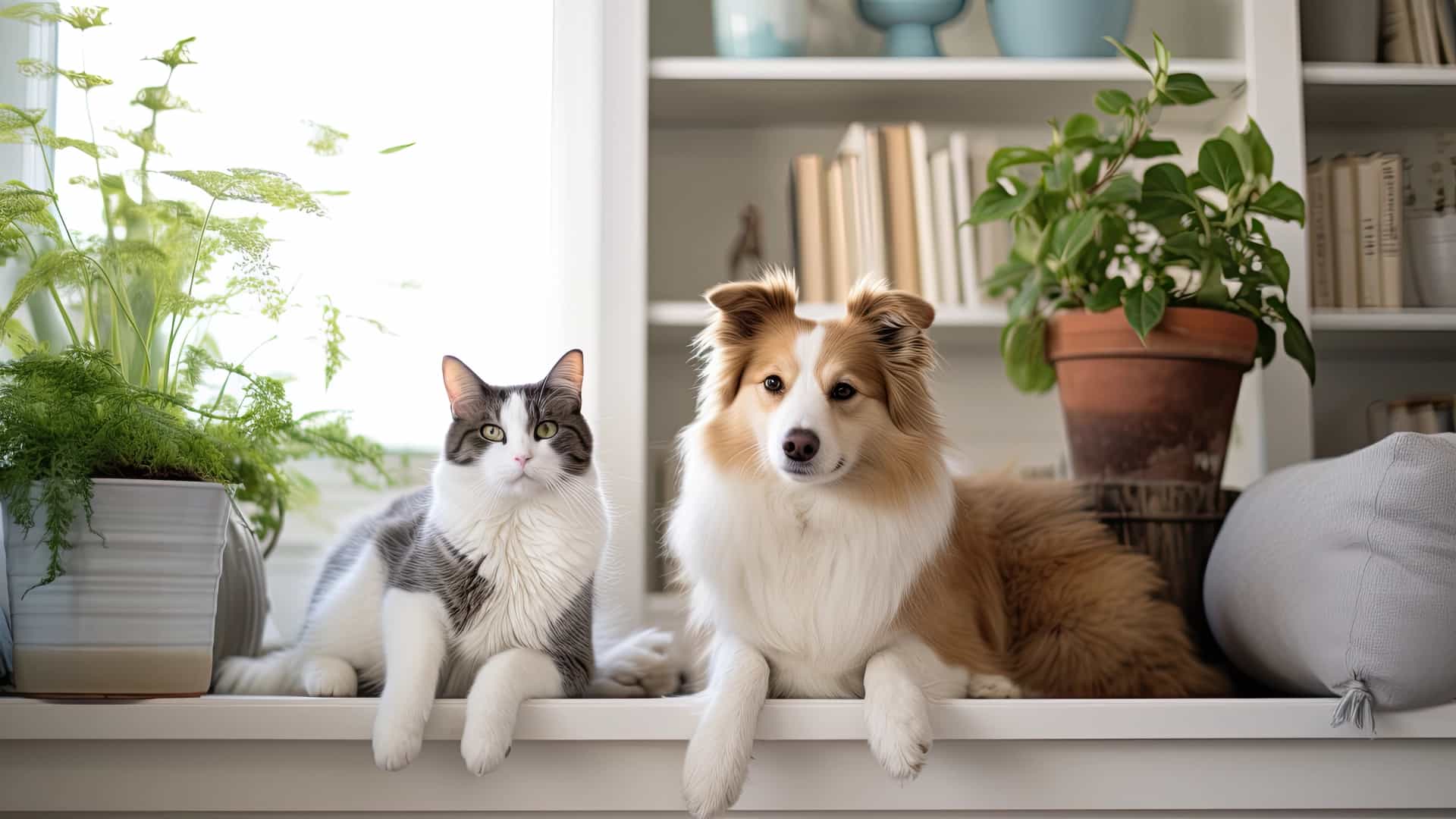 Hund und Katze zwischen Blumen auf Fensterbank.
